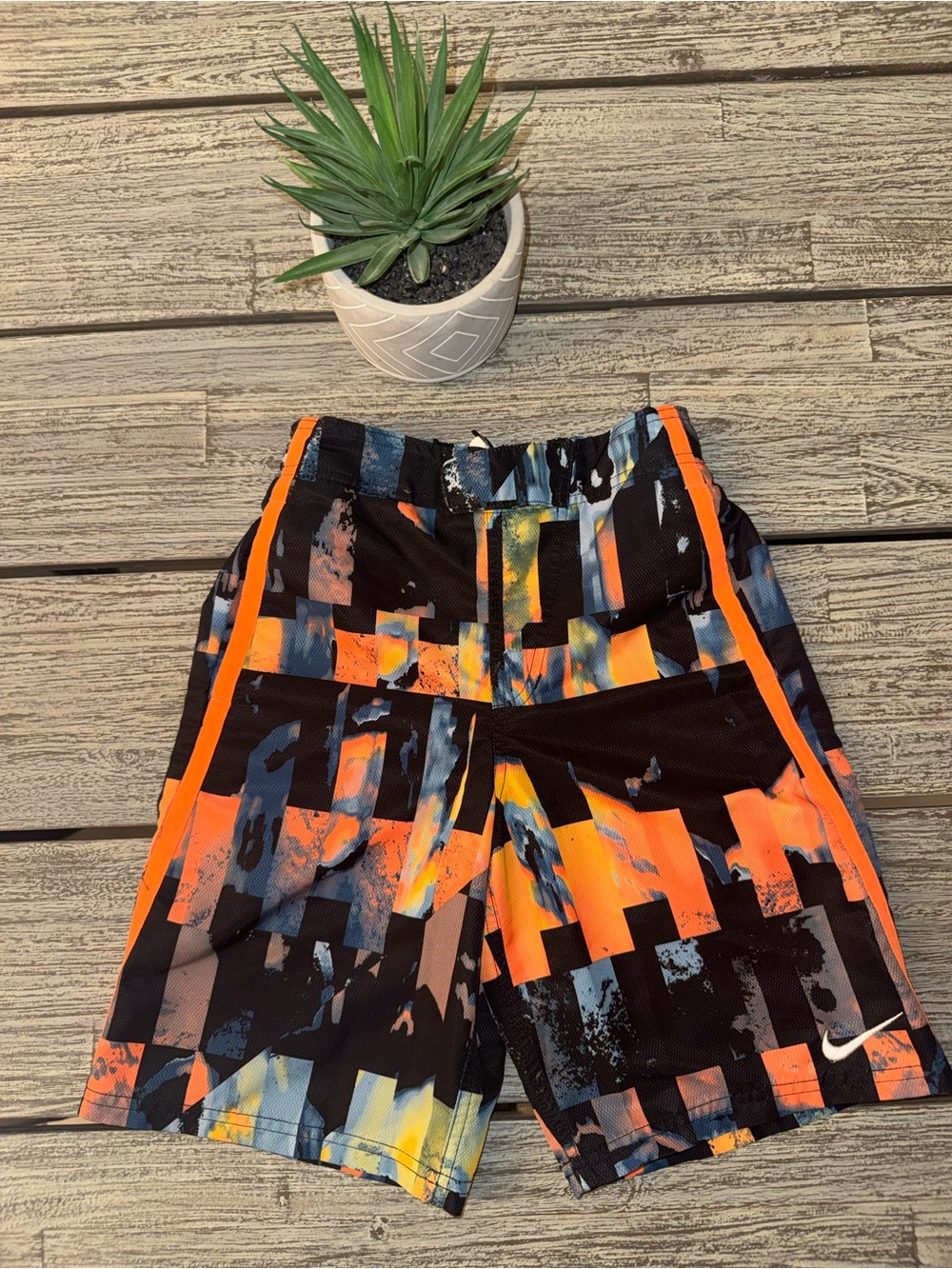 Nike Boys Orange & Black Abstract Print Swim Shorts/Trunks, Sz Small
